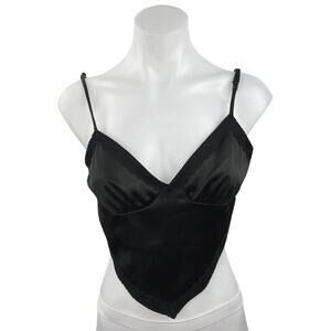 Rebel Flow Black Satin V Neck Spaghetti Strap Tie Backless Hanky Cami Crop Top M